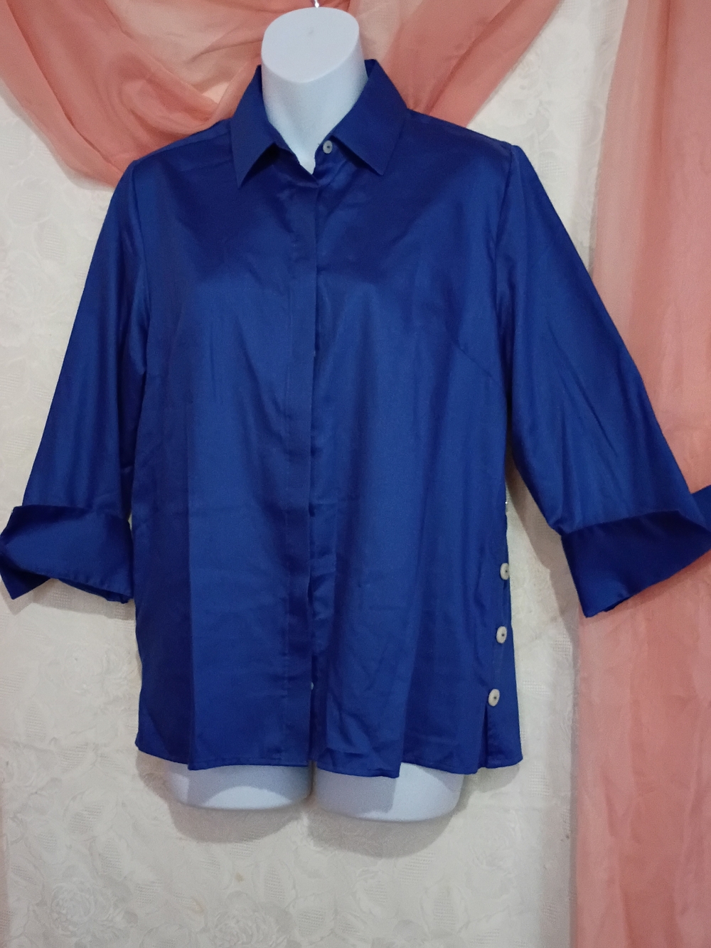 Foxcroft Ladies Royal Blue Button-Detail Tie-Front Shirt Sz M - Picture 4 of 8